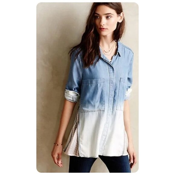 !! Anthropologie Holding Horses Chambray Blue Ombre Button Up Long Sleeve - Picture 1 of 8